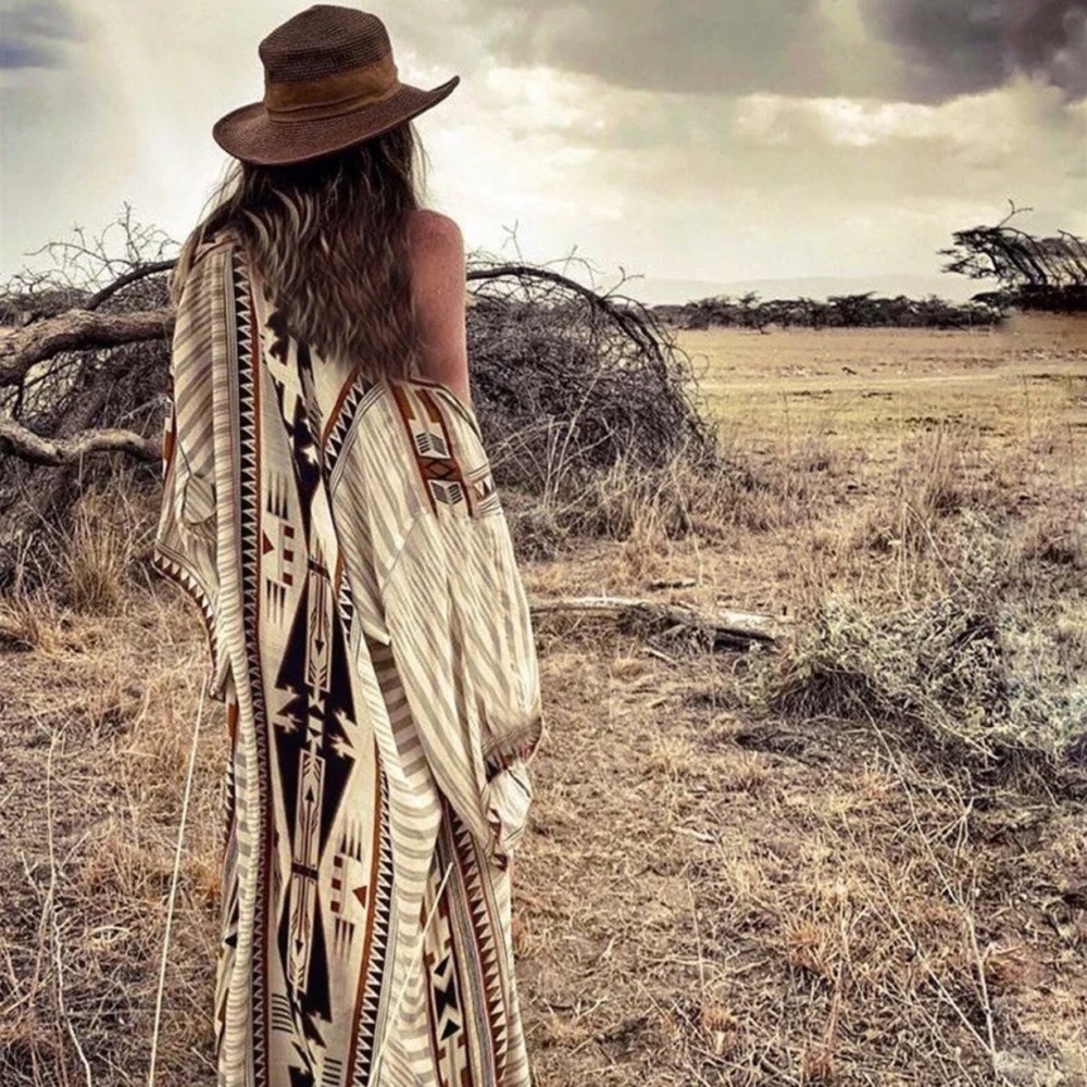 Boho Aztec Tribal Cream Tan & Black Kimono Beach Coverup Duster